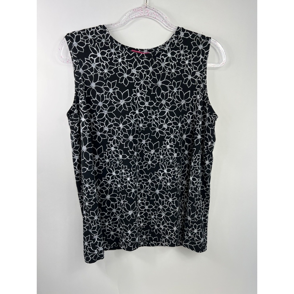 Liz Lange Maternity Tank Top Blouse Womens Sz L Black w White Flowers Stretch